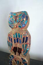 Beeld, Uil van geluk - 35 cm - Hout turqoise glas en