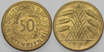 50 Rentenpfennig 1924 A Kleinmunten Weimarer Republik Wei..., Verzenden