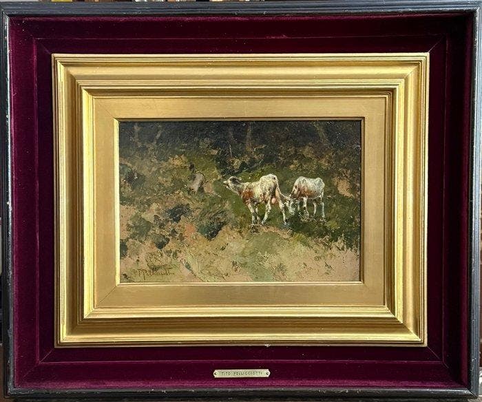Tito Pellicciotti (1871-1950) - Paesaggio Con Vitelli, Antiek en Kunst, Kunst | Schilderijen | Klassiek