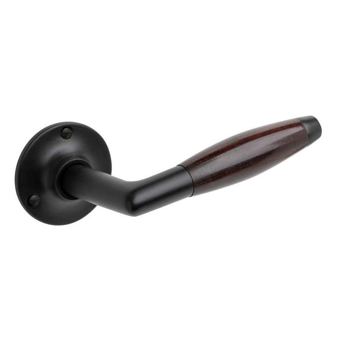 Deurklinken Retro palissander geveerd in mat zwart met ro..., Doe-het-zelf en Bouw, Hang- en Sluitwerk, Klink of Kruk, Nieuw, IJzer