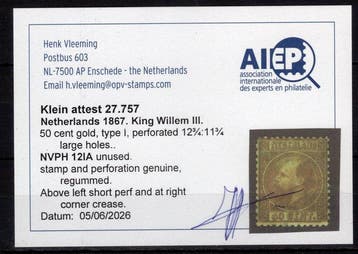 Nederland 1867 - Koning Willem III, 50 cent goud, Type I,, Postzegels en Munten, Gestempeld