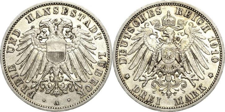 3 Mark 1910 Luebeck, Timbres & Monnaies, Monnaies | Europe | Monnaies non-euro, Envoi