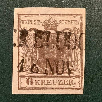 Oostenrijk 1850 - 6 Kreuzer dubbele adelaar met zeldzame, Gestempeld