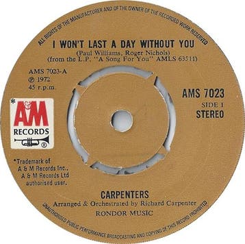 Carpenters - I Wont Last A Day Without You, Verzenden