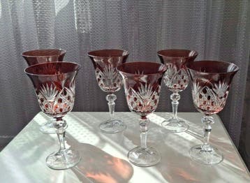 Verre à eau (6) - Cristal - Cristal de Bohême brun, Antiquités & Art