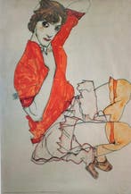 Egon Schiele (after) - Wally in a red blouse with raised