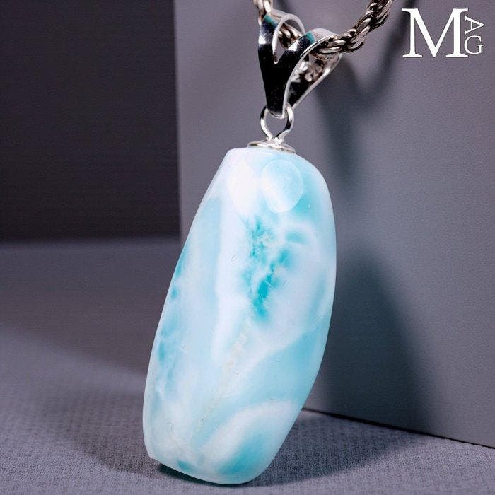 Natuurlijke Larimar vrije-vorm hanger - 925 zilver beugel -, Verzamelen, Mineralen en Fossielen