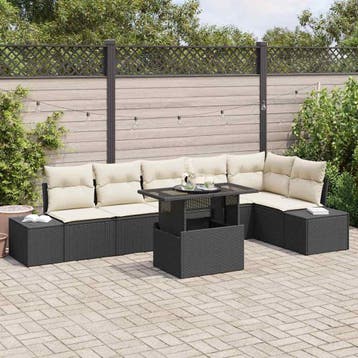 vidaXL Tuinbank Set 7 st Zwart en Crème poly rattan, Verzenden