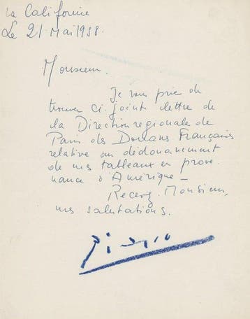 Pablo Picasso - Pablo Picasso Letter Signed on the customs, Verzamelen, Nieuw