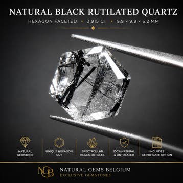 Natural Black Rutilated Quartz – Hexagon Faceted – 3.915 ct, Handtassen en Accessoires, Overige Accessoires, Verzenden, Nieuw