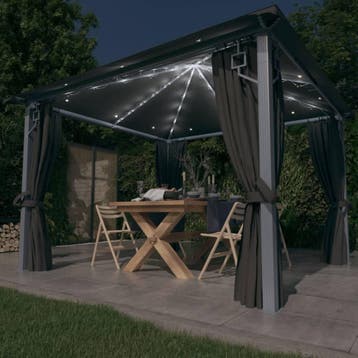 vidaXL Prieel met gordijn LED-lichtslinger 3x3 m aluminium, Tuin en Terras, Verzenden, Nieuw