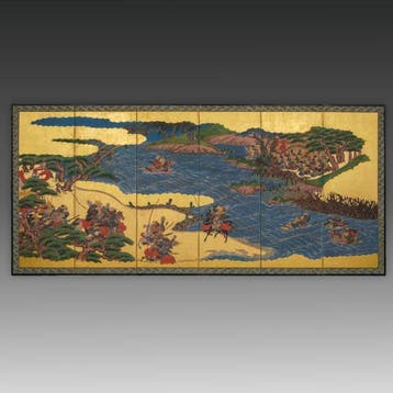 Vouwscherm met samurai-gevecht - Gelakt hout, Zijde,