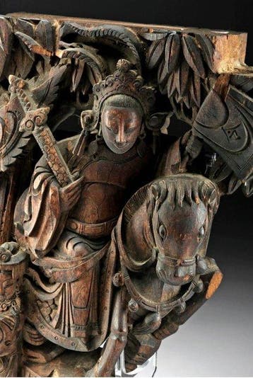 19e-eeuwse Chinese houten consoles met Hemelse Krijgers, Antiek en Kunst