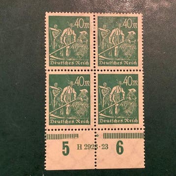 Duitse Rijk 1922 - 40 Mark arbeider in blok van vier met Han, Postzegels en Munten, Gestempeld