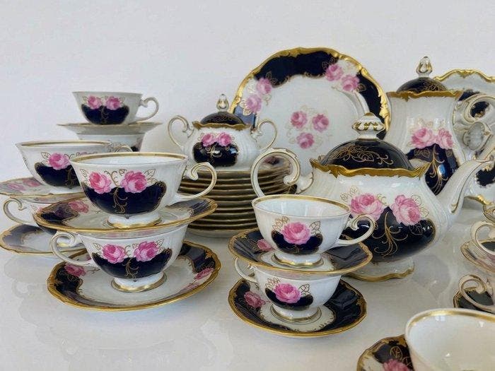 Reichenbach - Koffieservies - Roses Echt Kobalt - Porselein, Antiquités & Art, Antiquités | Meubles | Tables