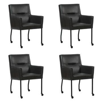 Set van 4 Leren eetkamerstoelen Lucky - Granada Ebony, Ophalen of Verzenden, Nieuw, Leer, Eén