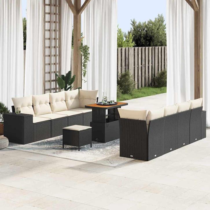 vidaXL Tuinbank Set met kussen 11 pcs Zwart en Crème poly, Tuin en Terras, Tuinsets en Loungesets, Nieuw, Verzenden