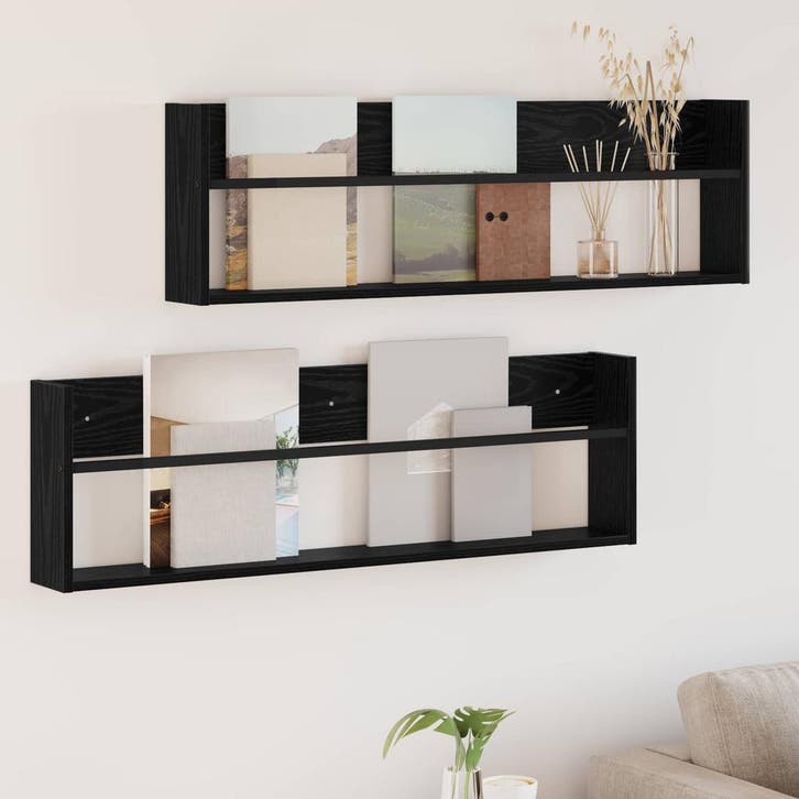 vidaXL Tijdschriftenrek 2 st Zwart Eiken 100 x 12 x 30 cm, Huis en Inrichting, Woonaccessoires | Krantenbakken en Lectuurbakken