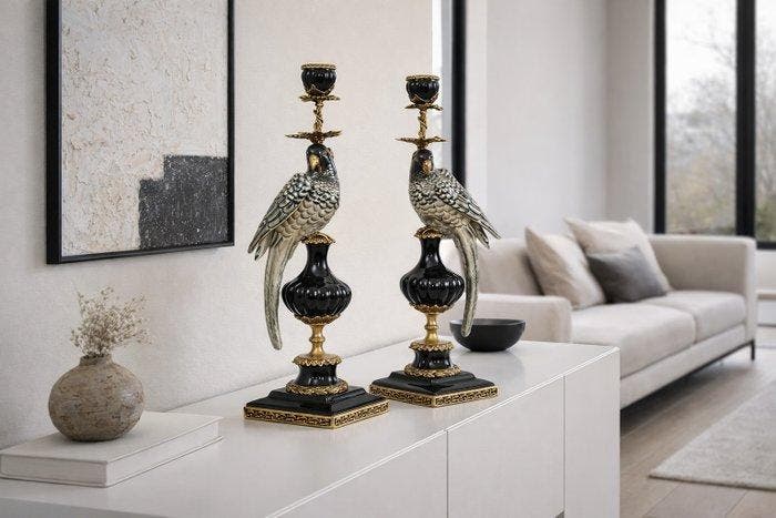 Kandelaar - Porselein, Brons - Exclusief paar papegaaien, Antiek en Kunst, Kunst | Designobjecten