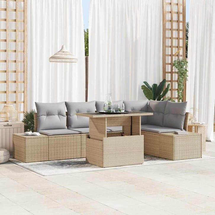 vidaXL Tuinbank Set met opslag 6 pcs Beige Poly rattan, Jardin & Terrasse, Ensembles de jardin, Envoi
