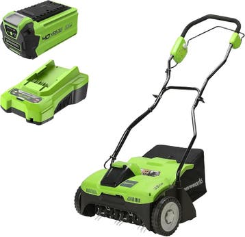 Greenworks Accu Verticuteerder - 25% KORTING! Compleet me..., Tuin en Terras, Verzenden, Gebruikt, Accu, Greenworks