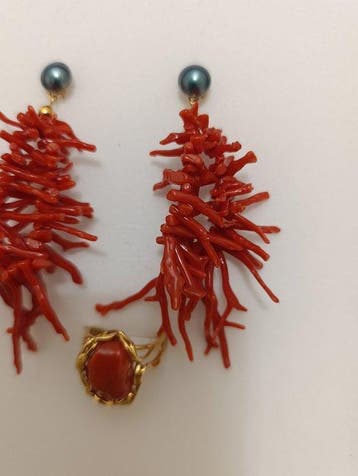 Koraal - Zilver, natuurlijk Corsicaans koraal - 2-delige, Verzamelen, Mineralen en Fossielen