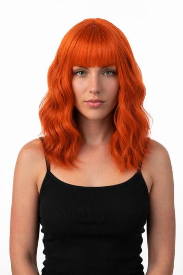KIMU® Luxe Oranje Pruik Schouderlengte Rechte Pony Krullen R, Ophalen of Verzenden, Nieuw