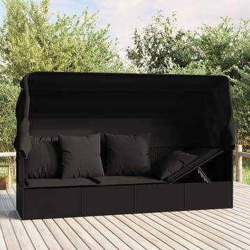 vidaXL Loungebed met luifel en kussens poly rattan zwart, Verzenden