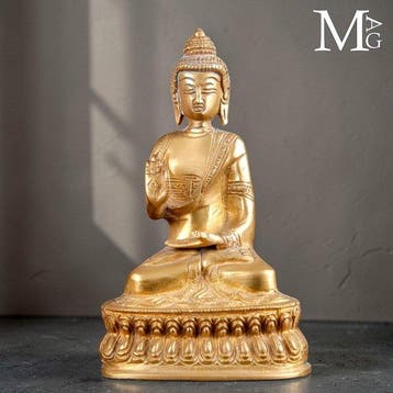 Boeddha Shakyamuni op lotustroon – traditioneel messing, Antiek en Kunst