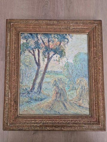 Jan Jonges (1921-1976) - Landschap met hooimijten, Antiek en Kunst
