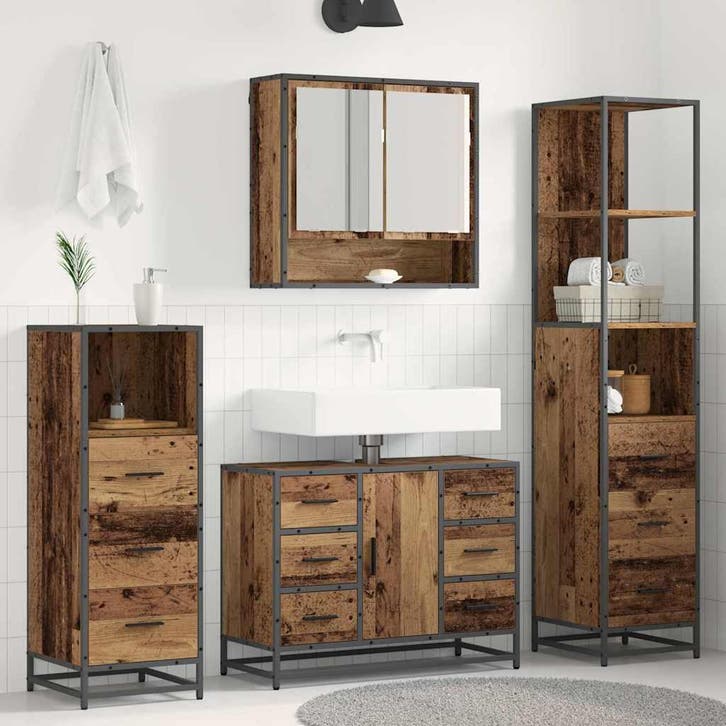 vidaXL Badkamermeubel Set met lade 4 pcs Oud Hout Bewerkt, Maison & Meubles, Salle de bain | Meubles de Salle de bain, Envoi