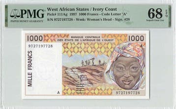 1997 West African States 1000 Francs Ivory Coast Pick 111..., Verzenden