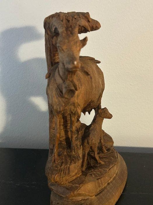 Black Forest - sculptuur, Bouquetin et son petit en bois, Antiek en Kunst, Curiosa en Brocante
