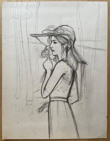 Yves Ganne (1931-2019) - Élégante au chapeau et bouquet de, Antiek en Kunst