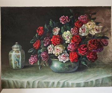 Jef van de Gehuchte (1946) - Rozen in vaas, Antiek en Kunst