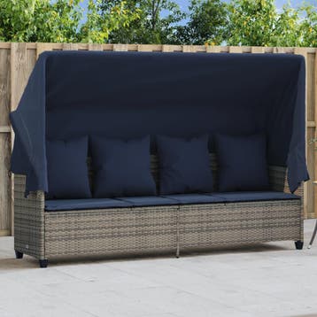 vidaXL Ligbed met luifel en kussens poly rattan grijs, Verzenden