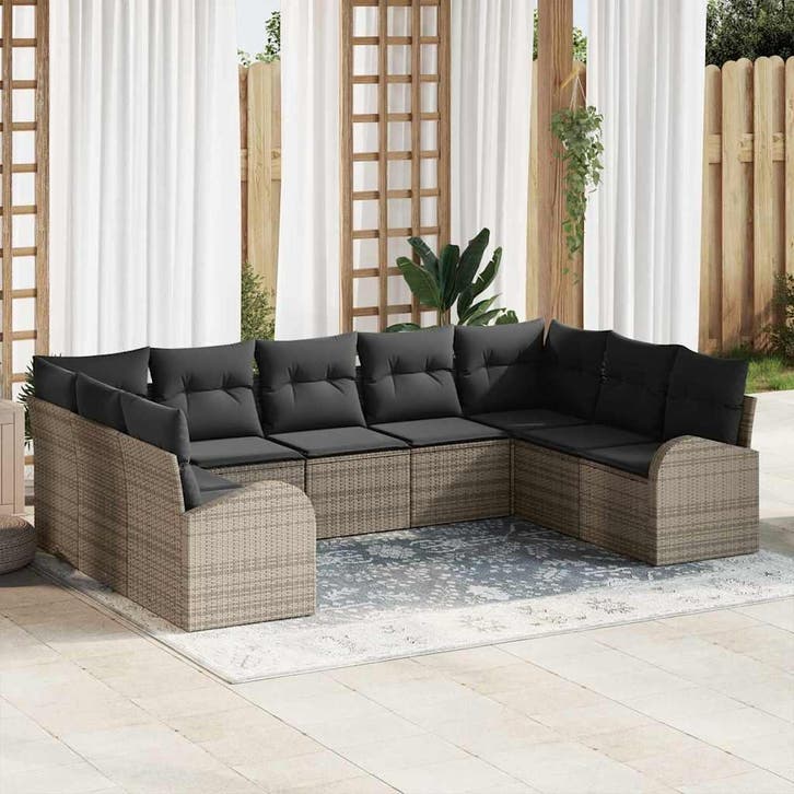 vidaXL Bankstel met kussen 9 pcs Grijs Poly Riet, Jardin & Terrasse, Ensembles de jardin, Envoi