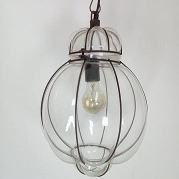 Gekooide hanglamp - Geblazen glas in metalen frame -