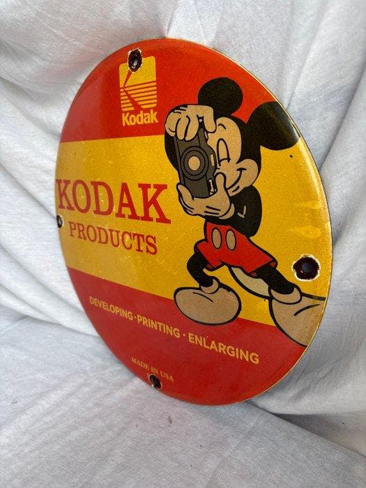 Kodak Kodak emaille reclamebord met Mickey Mouse – Ø 30 cm –, Audio, Tv en Foto, Fotocamera's Analoog