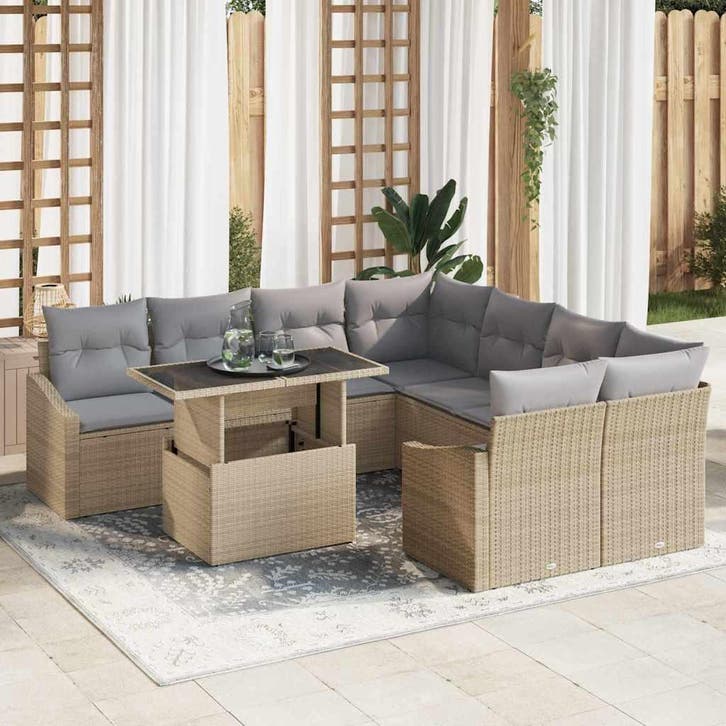 vidaXL Tuinbank Set met opslag 9 pcs Beige Poly rattan, Jardin & Terrasse, Ensembles de jardin, Envoi