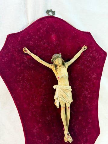 Antiek Crucifix - Polychroom hout - 1850-1900 - Houten Kruis, Antiek en Kunst