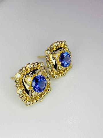 Oorbellen - 14 karaat Geel goud - 1.92ct. tw. Tanzaniet -