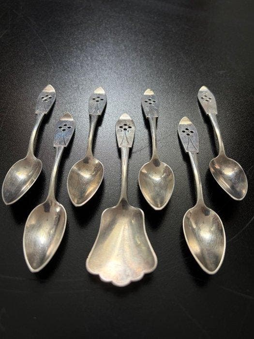 Theeservies (7) - .835 zilver - Bestek handgemaakt ajour, Antiek en Kunst, Kunst | Designobjecten