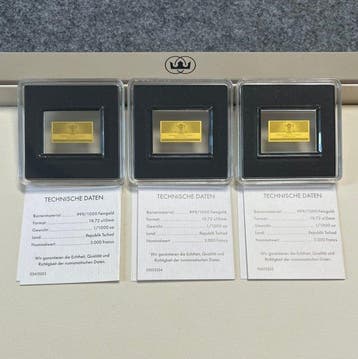 Tsjaad. 3000 Francs Lot 3 x 1/500 oz, Gold .999 (Zonder