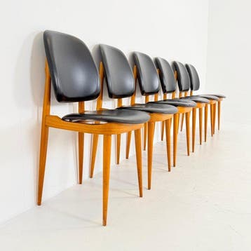 Chaise de salle à manger - Bois, Cuir - Un ensemble de six