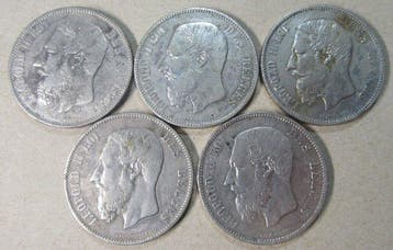Belgique. Léopold II. 5 X 5 Francs 1868/69/70/72/73 (Sans