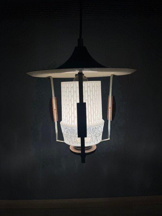 Plafondlamp - Glas, Metaal - Mid century hallamp, Antiquités & Art, Art | Objets design
