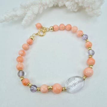 Koraal - Zilver, Verguld - Armband - Roze koraal, amethist