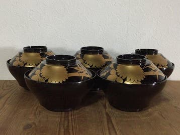 Set of 5 Japanese Antique Black Lacquer Bowls with Lids -