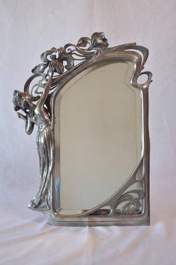 Jugendstil - Spiegel - Pewter - Hoogte: 46 cm, Antiek en Kunst